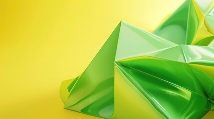 Glossy green futuristic 3D shapes on a bright yellow abstract background