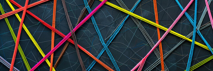 abstract background with interconnected colorful ropes and loose knot elements forming a network pattern, generative AI