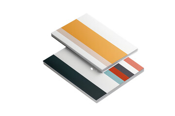 A pair of closed notebooks with modern, colorful striped covers placed atop each other on a white background.