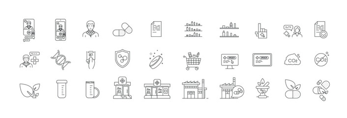pharmacy line icone vector illustrations set sustainability technology health and medicine