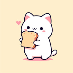 pink cat mascot vector eating bread in simple cartoon style