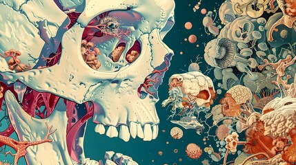 A colorful carnival painting featuring a person in a mask with a background filled with skulls