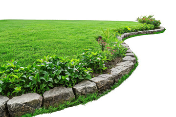 Beautiful garden with lush green grass, neatly arranged plants, and a stone pathway creating a scenic and relaxing outdoor space.
