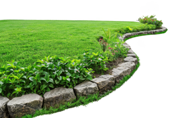 Beautiful garden with lush green grass, neatly arranged plants, and a stone pathway creating a scenic and relaxing outdoor space.