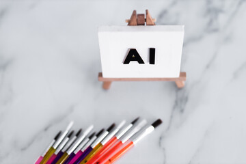 AI text on canvas on easel with brushed around it, machine learning & art, image NOT generated with...