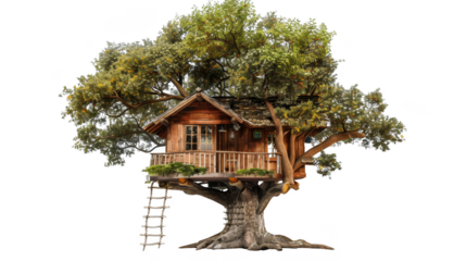 Charming wooden treehouse nestled in a large tree with lush green leaves and a rustic ladder, perfect for nature retreats and childhood adventures.