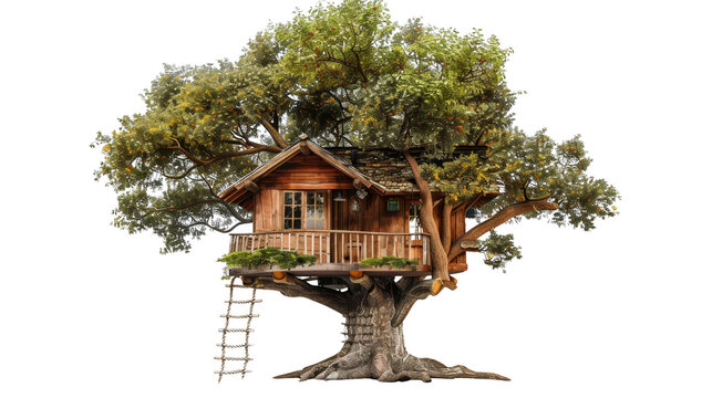 Charming wooden treehouse nestled in a large tree with lush green leaves and a rustic ladder, perfect for nature retreats and childhood adventures.
