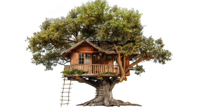 Charming wooden treehouse nestled in a large tree with lush green leaves and a rustic ladder, perfect for nature retreats and childhood adventures.