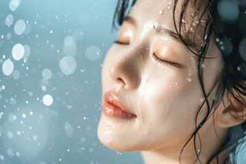 Naklejka premium a woman is taking a shower with her eyes closed