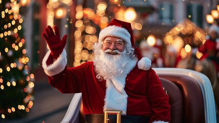 Scene of a Christmas parade with floats featuring Santa Claus, reindeer, and festive characters, crowds cheering and enjoying the holiday spectacle