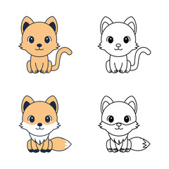 Cartoon Baby Cat and Fox Animal Colorful Line Art