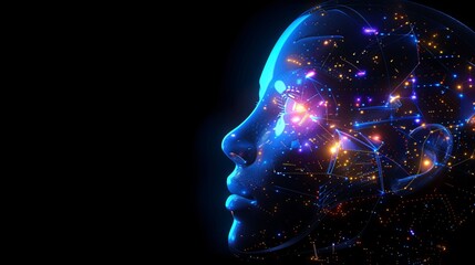 A side view of a humanoid head with blue and yellow eyes is shown, surrounded by a vibrant neon neural network. This image symbolizes futuristic technology and artificial intelligence advancements.