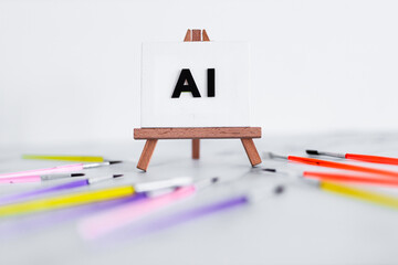 AI text on canvas on easel with brushed around it, machine learning & art, image NOT generated with...