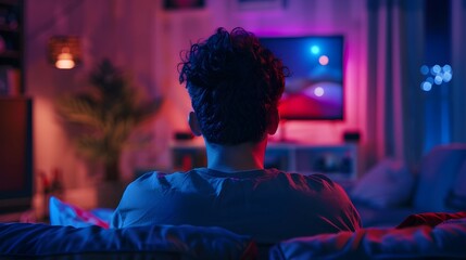 Young Man Relaxing on Couch with Digital Entertainment at Home in Moody Lighting