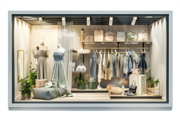 Elegant clothing store window display with stylish dresses, shoes, handbags, and accessories in a chic boutique setting.
