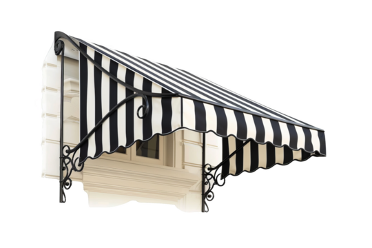 Elegant black and white striped outdoor window awning with metal brackets for shade and decoration on a building exterior.
