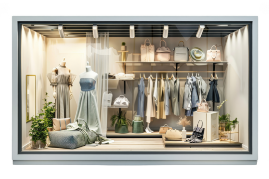 Elegant clothing store window display with stylish dresses, shoes, handbags, and accessories in a chic boutique setting.