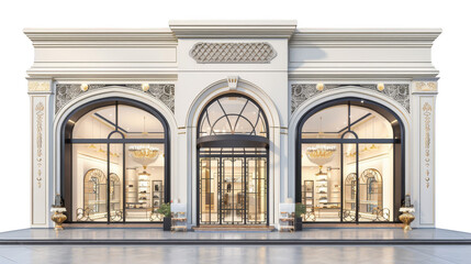 Elegant exterior of a luxury store with large arched windows and detailed architectural features, showcasing a refined and sophisticated design.