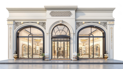 Elegant exterior of a luxury store with large arched windows and detailed architectural features, showcasing a refined and sophisticated design.