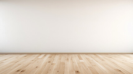 Naklejka premium A photo of a large plain white wall with a light wood floor