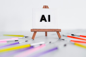 AI text on canvas on easel with brushed around it, machine learning & art, image NOT generated with...