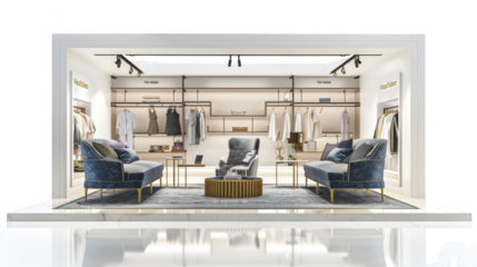 Elegant modern clothing store interior with stylish seating area and racks of apparel, showcasing luxury attire and sophisticated design.