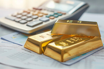 Gold bars placed on financial documents and a calculator in the background, illustrating wealth, investment, and financial planning concepts.