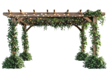 Elegant wooden pergola adorned with lush green ivy and twinkling lights, perfect for outdoor garden and wedding decorations.