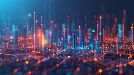 Obraz premium The concept of smart city infrastructure is visualized with abstract dots connecting gradient lines, illustrating intricate wave designs and big data connection technologies.