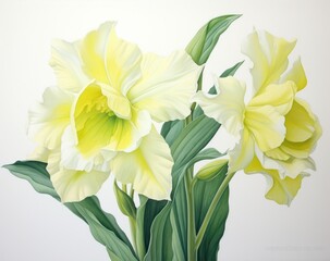Yellow flowers digital painting, spring daffodils illustration