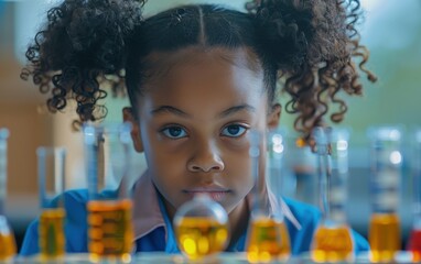 A young African American girl studies science in an elementary school classroom, focusing intently on a row of beakers filled with colorful liquids
