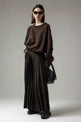 a woman in a brown top and black skirt