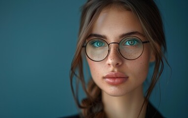 Fototapeta premium A close-up portrait of a young businesswoman wearing glasses against a blue background