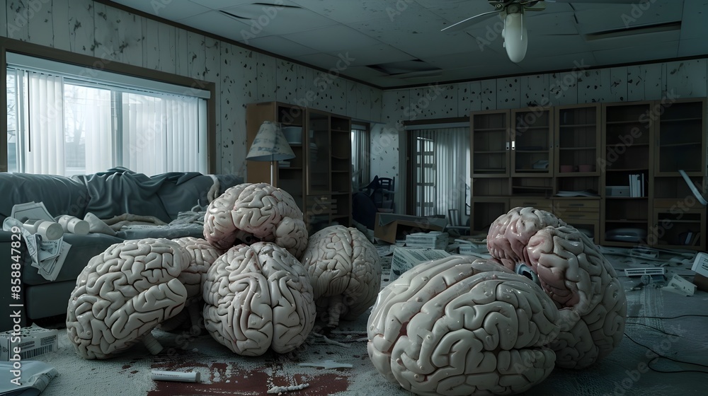 Poster surreal display of anatomical brain models in exhibition