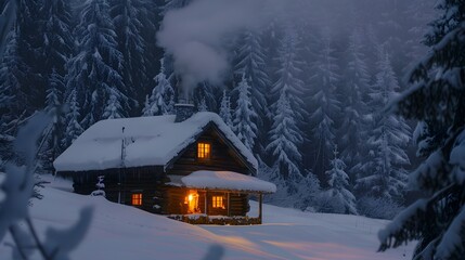 Cozy Winter Cabin with Snow-Covered Roof and Warm Glowing Lights