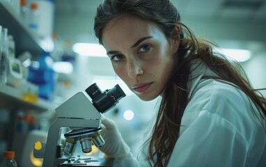 A female scientist in a lab coat examines a sample through a microscope in a modern laboratory setting