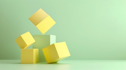 Obraz premium Matte yellow futuristic 3D shapes on a pastel green abstract background