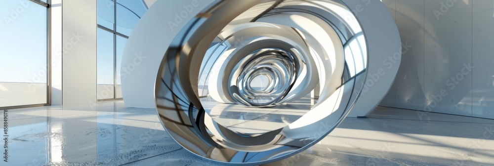 Poster a cylindrical mirror with a spiral frame bending and twisting the reflections within.