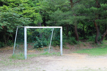 Light blue goal post and forest background