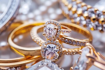 Close-up of elegant jewelry pieces like rings, necklaces, and bracelets
