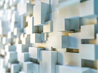 Abstract 3D render with white geometric blocks creating a modern, minimalistic pattern with depth and perspective.