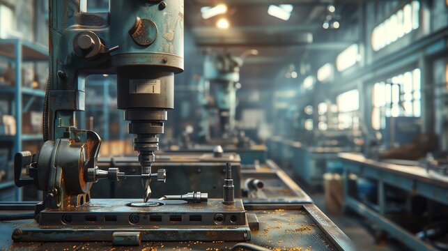Close-up of a vintage drill press in a factory setting.