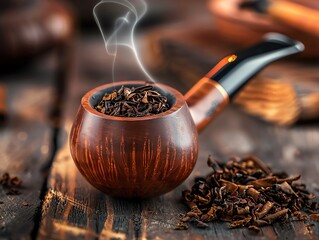 Close-up of a wooden smoking pipe with lit tobacco on a rustic wooden surface, surrounded by loose tobacco leaves.