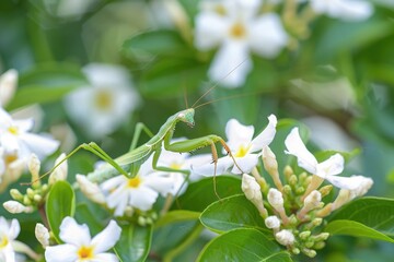 Fototapeta premium A slender praying mantis blending in with delicate white jasmine blossoms.