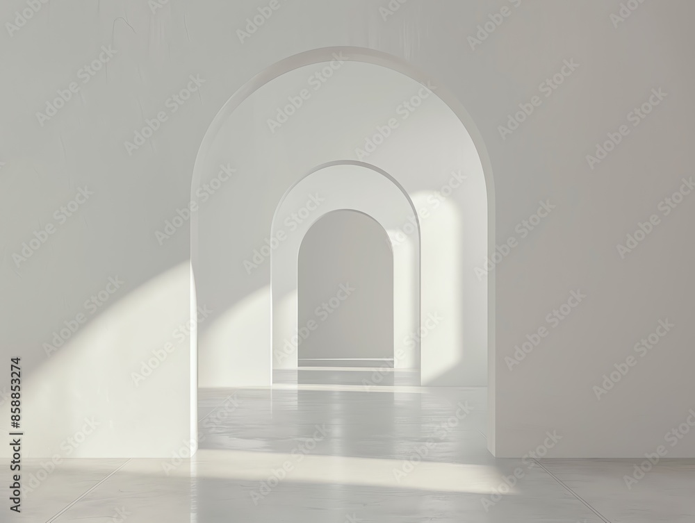 Poster minimalistic interior with smooth, white arches and soft lighting creating a serene, open space with