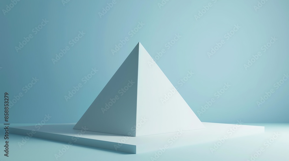 Poster minimalistic blue background with a white 3d pyramid structure, creating a clean and modern design. 