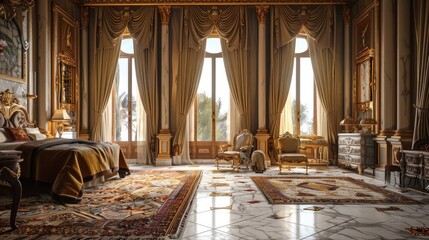 A grand bedroom in a historic mansion, featuring antique furniture, richly patterned rugs on marble floors, and tall windows draped in heavy silk curtains, creating a luxurious yet airy space.
