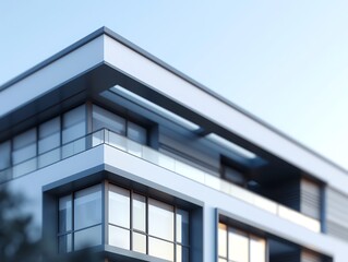 Modern architectural design of a sleek, contemporary building with large windows and minimalist lines against a clear sky.