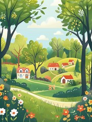 Landscape with houses and trees, illustration design
