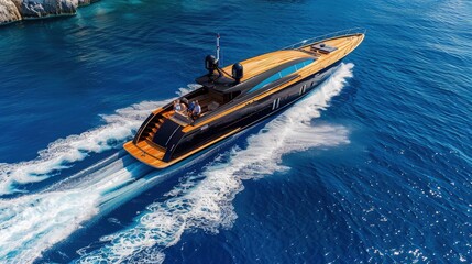 A large modern high-speed wooden luxury boat moves on blue water, top view. Expensive wooden boat, man and woman in motion on the water making a white trail looking like air.